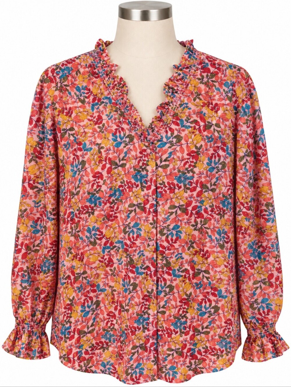 Talbots Ruffle V-Neck Blouse 2XP Pink Floral Leaf Long Sleeve Smocked Top Plus